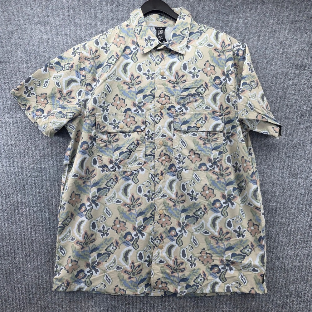 Mountain Hardwear Mens OM5924 Recycled Nylon Pixel Floral Snap Shirt Tan Medium
